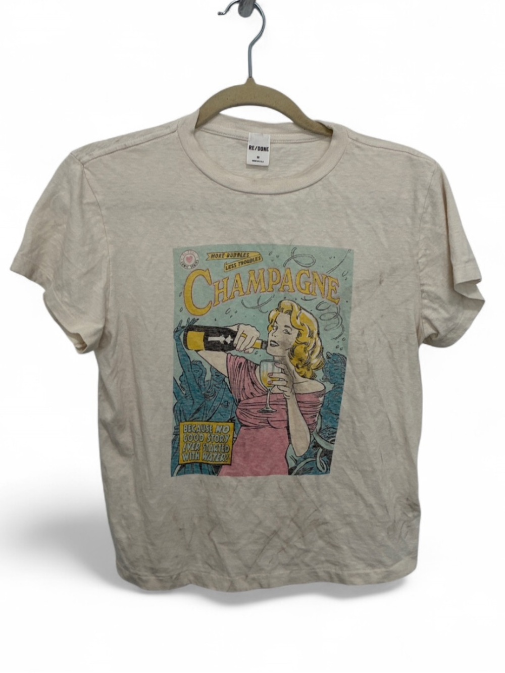 Redone Champagne Graphic Cream Short Sleeve Tee Shirt